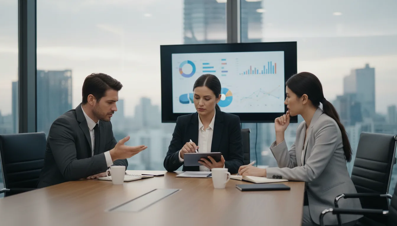 Business executives reviewing news and data